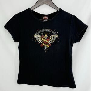 Harley Davidson Womens Small Live To Ride Rhinestone Graphic Baby Tee Black